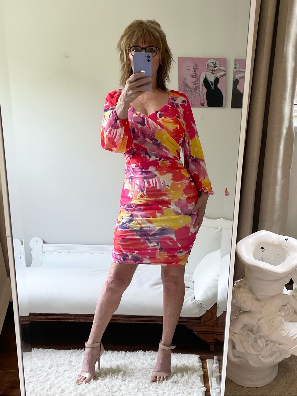 BRIGHT BOLD FLORAL PRINT LONG SLEEVE RUCHED DRESS YELLOW PINK PURPLE RED MESH